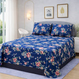 Vibrant Blooms: Blue Floral Printed Bedsheet (3pcs) - The Linen House