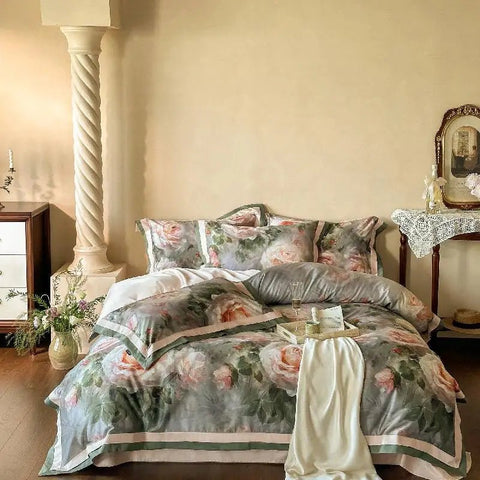 Vintage Rose Oil Printing Style Printed Duvet Set