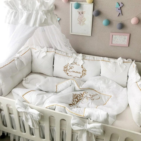 White Baby Cot Set golden embroidered - The Linen House
