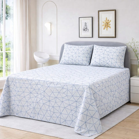White Bedsheet with Blue Geometric Print (3pcs) - The Linen House