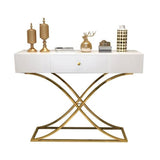 White Console Table with Drawer Entryway Table Contemporary for Hallway X Gold Base - The Linen House