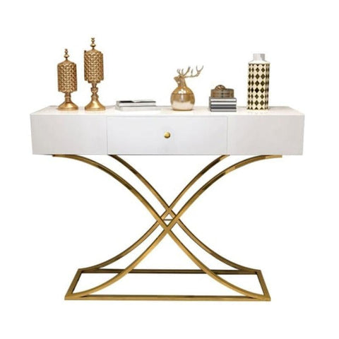 White Console Table with Drawer Entryway Table Contemporary for Hallway X Gold Base - The Linen House