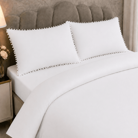 White Duvet Cover Set with White Pom Pom Lace Pillowcases