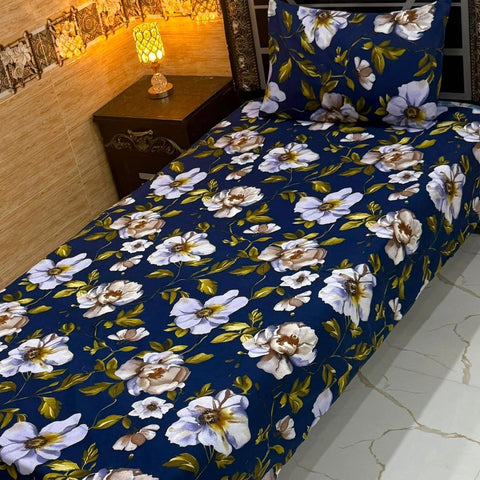 White Floral on Blue Base Print Bedsheet – Single Size (Pack of 2) - The Linen House