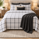 White Grey Plaid Printed Bed Sheet - The Linen House