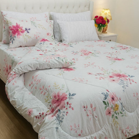 White & Pink Printed Quilt Set – Fresh Floral Bed Set - The Linen House
