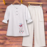 White Smile Butterfly Embroidered Baggy Two Piece Suite - The Linen House