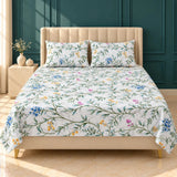 White Wildflower Vine Floral Cotton Bedsheet Set – 3 Pcs King Size - The Linen House