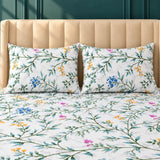 White Wildflower Vine Floral Cotton Bedsheet Set – 3 Pcs King Size - The Linen House