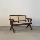 Wood Rattan Cane 2 Seater Sectional Sofa for Living Room - The Linen House