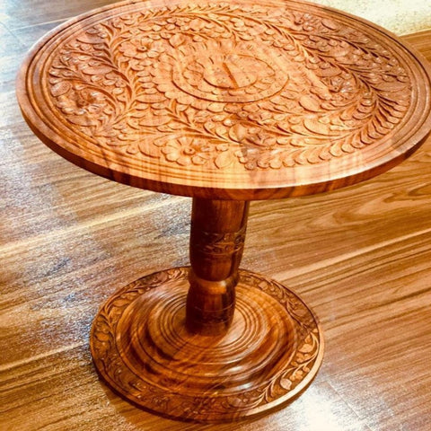 Wooden Round Coffee table Hand Carving - The Linen House