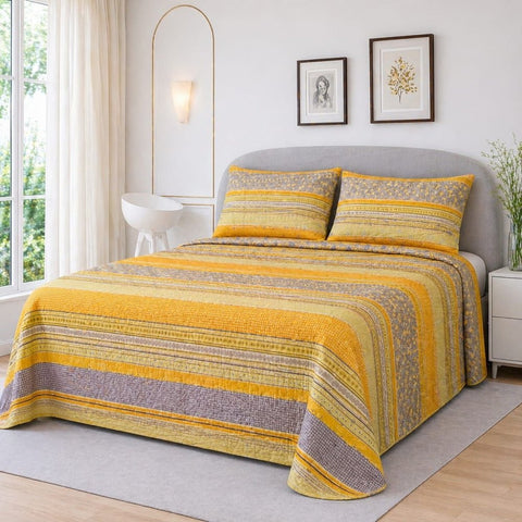 Yellow and Grey Striped Printed Bedsheet - The Linen House