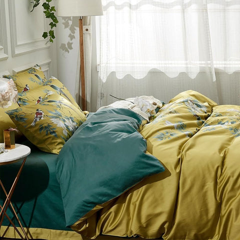 Yellow Chinoiserie Style Birds Flowers Printed Bedding Duvet Set - The Linen House