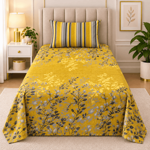 Yellow Leaf Print Single Bedsheet (Pack of 2) - The Linen House