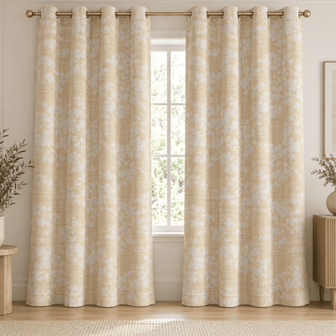 Yellow & White Botanical Duck Fabric Printed Curtain – Pack of 2 - The Linen House