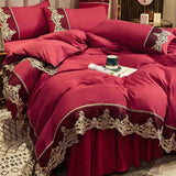 Luxury New Crimson Red Duvet Set With Vintage Lace