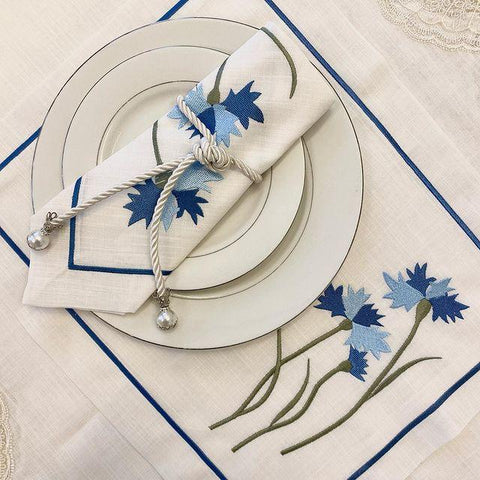 Table Mat white with Blue - The Linen House