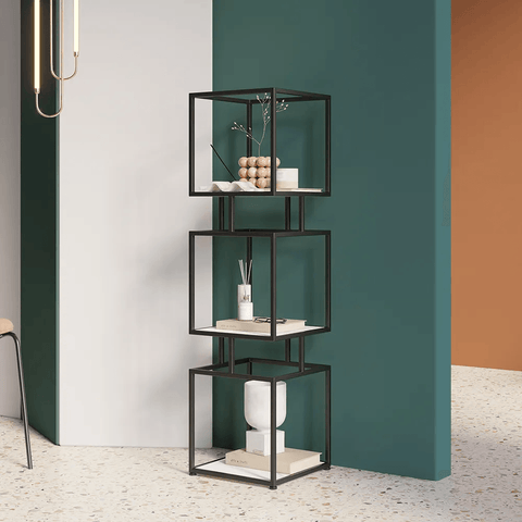 3 - Tier Modern Black Cube Bookcase with Metal Tower Display Shelf - The Linen House