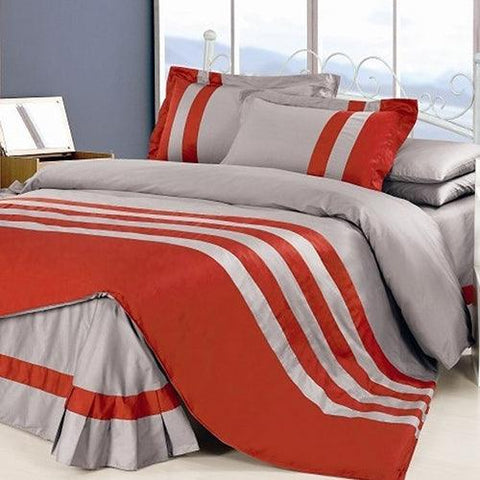 Grey & Red Stripe Duvet Set - The Linen House