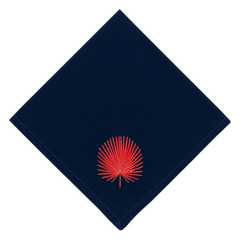 Navy Mat & Napkin With Coral Fan Leaf Embroidery