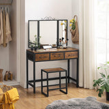 Dressing Table, Makeup Desk with 1 Stool, Tri-Fold Mirror and 3 Drawers, Steel Frame