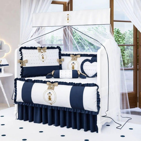 White And Dark Blue Baby Cot Set - The Linen House