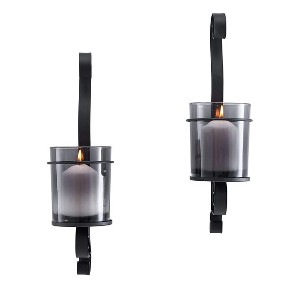 Vintage Black Wall Sconce Candle Holder Set (2) with Smoke Glass Hurricanes