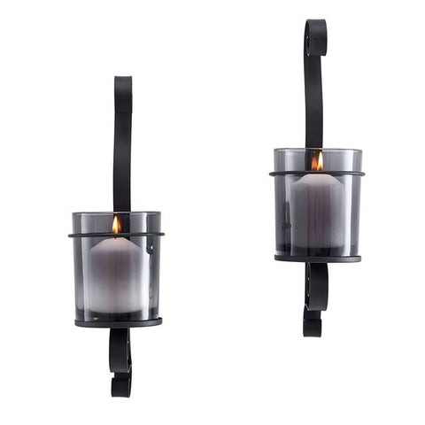 Vintage Black Wall Sconce Candle Holder Set (2) with Smoke Glass Hurricanes