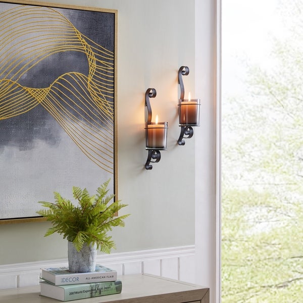 Vintage Black Wall Sconce Candle Holder Set (2) with Smoke Glass Hurricanes