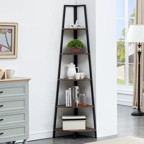 Corner Shelf 70 Inch Tall Bookcase 5- Tier Industrial Corner - The Linen House