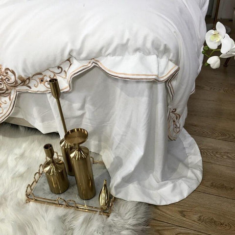 New White Elegant Cotton Satin Embroidery Bedding Duvet Set