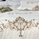New White Elegant Cotton Satin Embroidery Bedding Duvet Set