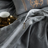 New Luxury Silvery Grey with Skin  Embroidered Velvet Duvet set