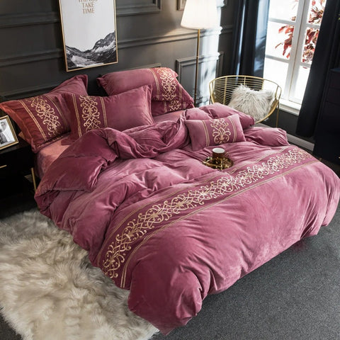 Luxury Charm Pink New Embroidered Velvet Duvet Set