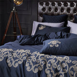 Luxury New Navy Blue with Tan Embroidered Duvet Set