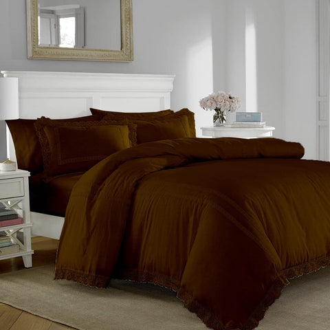 Luxury Soft Duvet Set With Lace (Brown)