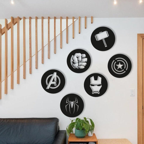 Avengers Metal Wall Art Set of 6, Geometric Nursery Wall Decor, 3D Metal Superhero Wall Hanging - The Linen House