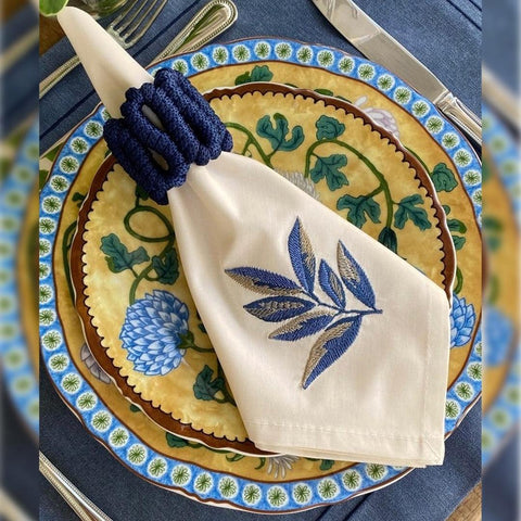 Sand Mat & Napkin With Beige And Navy Foliage Embroidery - The Linen House