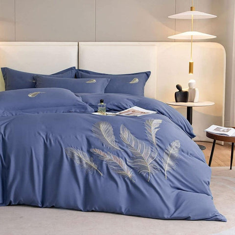 Feather Pattern Cotton Satin Embroidery Duvet Set - The Linen House