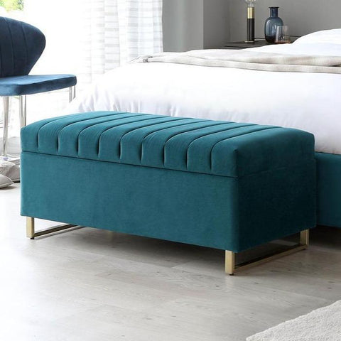 Dark Teal Velvet And Brushed Brass Ottoman Storage Bench - The Linen House