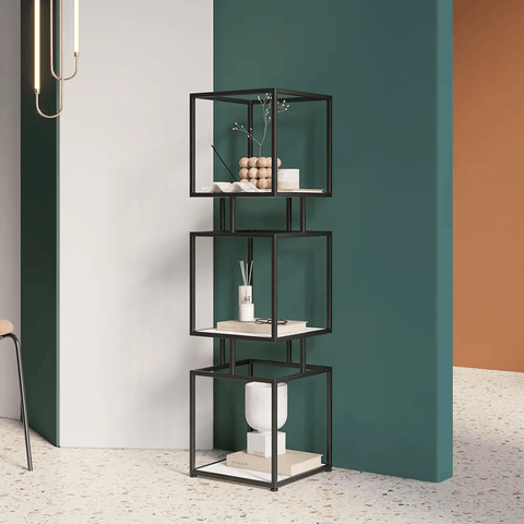 3-Tier Modern Black Cube Bookcase with Metal Tower Display Shelf - The Linen House