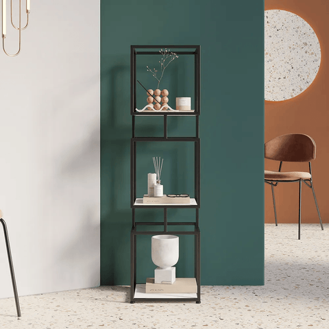 3-Tier Modern Black Cube Bookcase with Metal Tower Display Shelf