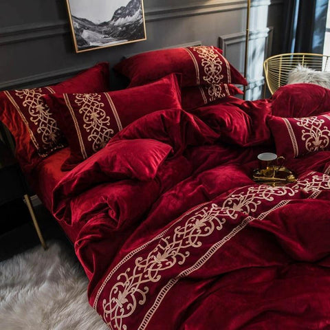 Flaming Red New Luxury Embroidered Velvet Duvet Set - The Linen House