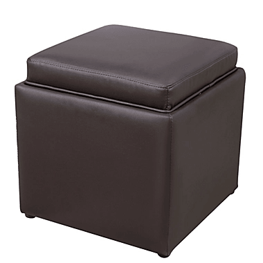 Square Storage Ottoman with Tray Faux Leather Upholstered Footrest Stool - The Linen House