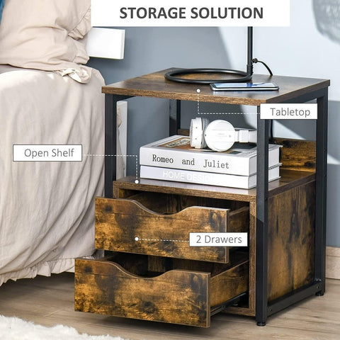 Industrial Side Table with 2 Storage Drawers for Living Room - The Linen House