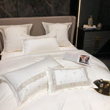 Luxury New White Cotton Satin Embroidered Duvet Set - The Linen House