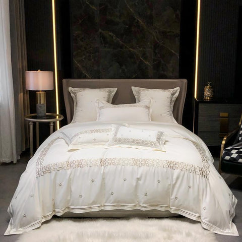 Luxury New White Cotton Satin Embroidered Duvet Set - The Linen House