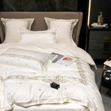 Luxury New White Cotton Satin Embroidered Duvet Set - The Linen House