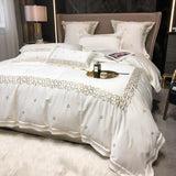 Luxury New White Cotton Satin Embroidered Duvet Set - The Linen House