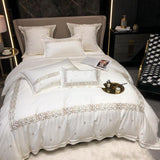 Luxury New White Cotton Satin Embroidered Duvet Set - The Linen House